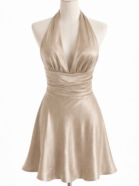 Zara Satin Halter Mini Dress in Champagne-Beige